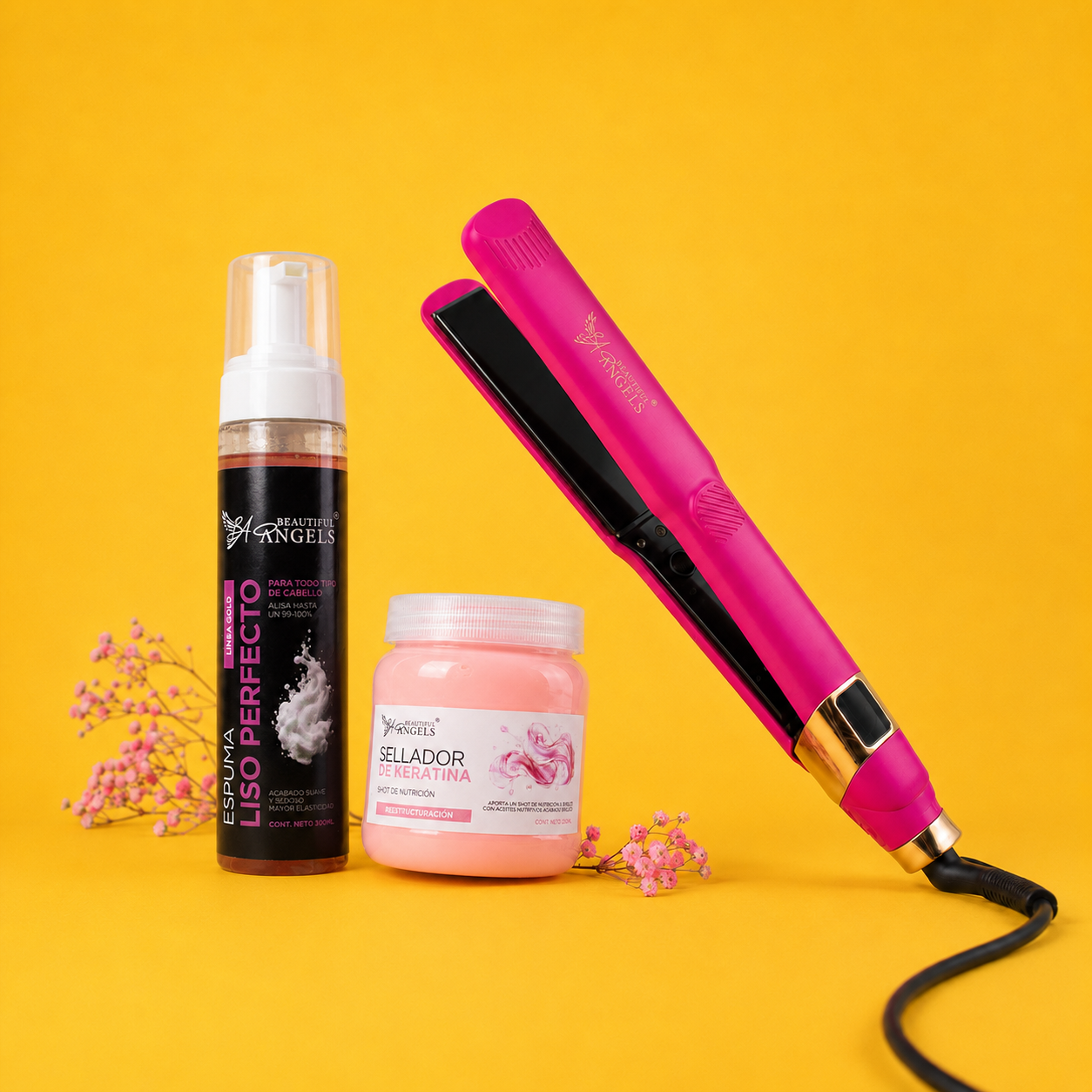 Kit Espuma Liso Perfecto Gold 1L + Sellador de Keratina 250ml + Plancha Beautiful Angels