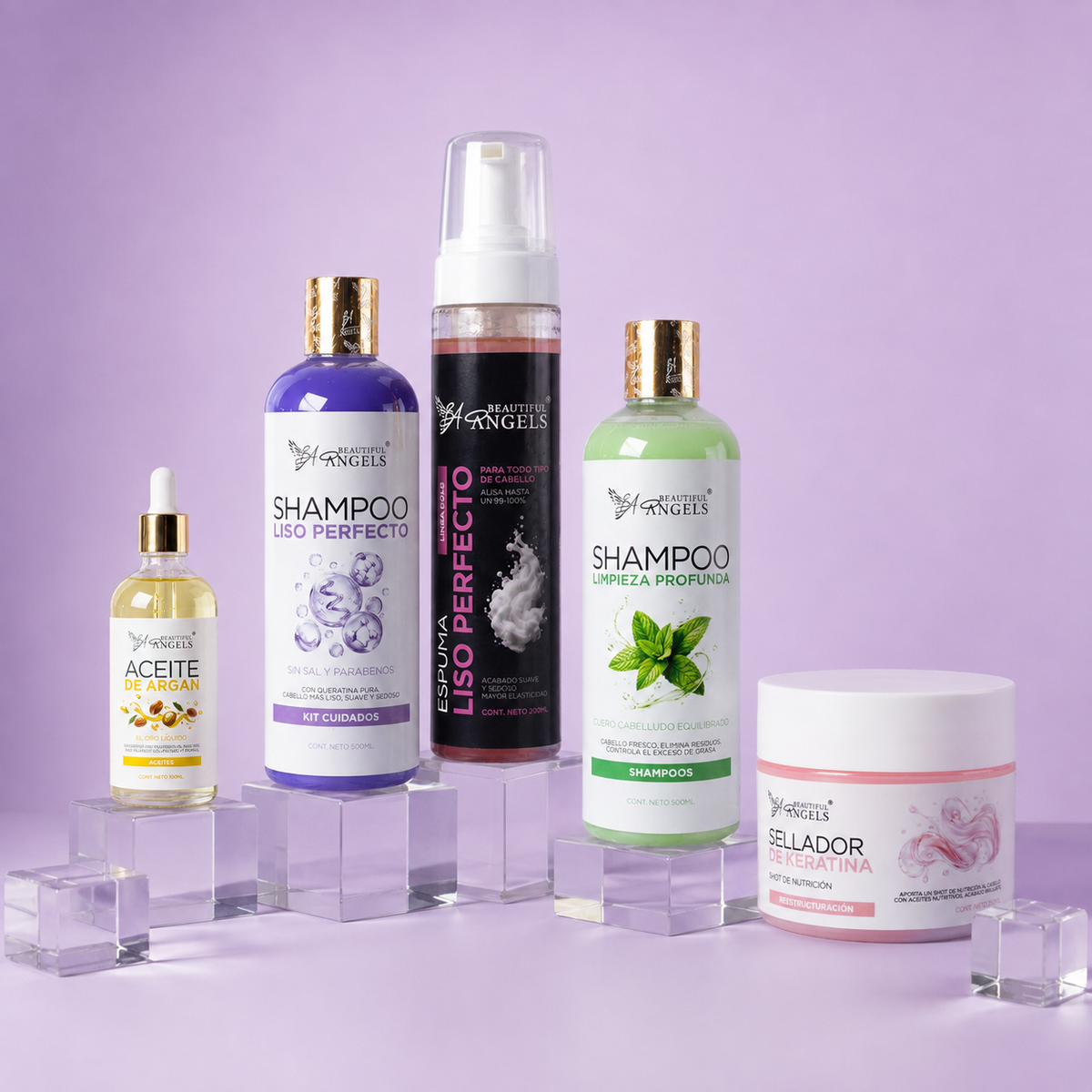 Kit Espuma Liso Perfecto Gold 300ML+ Shampoo Limpieza Profunda 500ML + Sellador de Keratina 250ML + Shampoo Liso Perfecto 500ML + Aceite de Argán 100ML