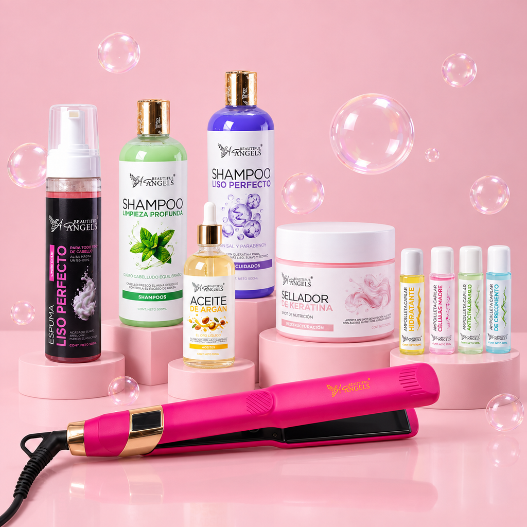 Kit Profesional Espuma Liso Perfecto Gold Beautiful Angels 300ml-Elimina la Ondulación, Nutre, Fortalece y Protege contra el Calor