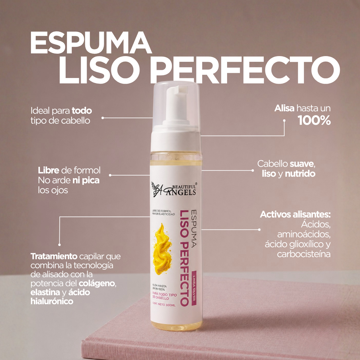 Kit Profesional Espuma Liso Perfecto Silver Beautiful Angels 300ml- Reduce el Frizz, Elimina la Ondulación, Deja el Cabello, con Acabado Liso y Natural, un Cabello Fuerte y Saludable
