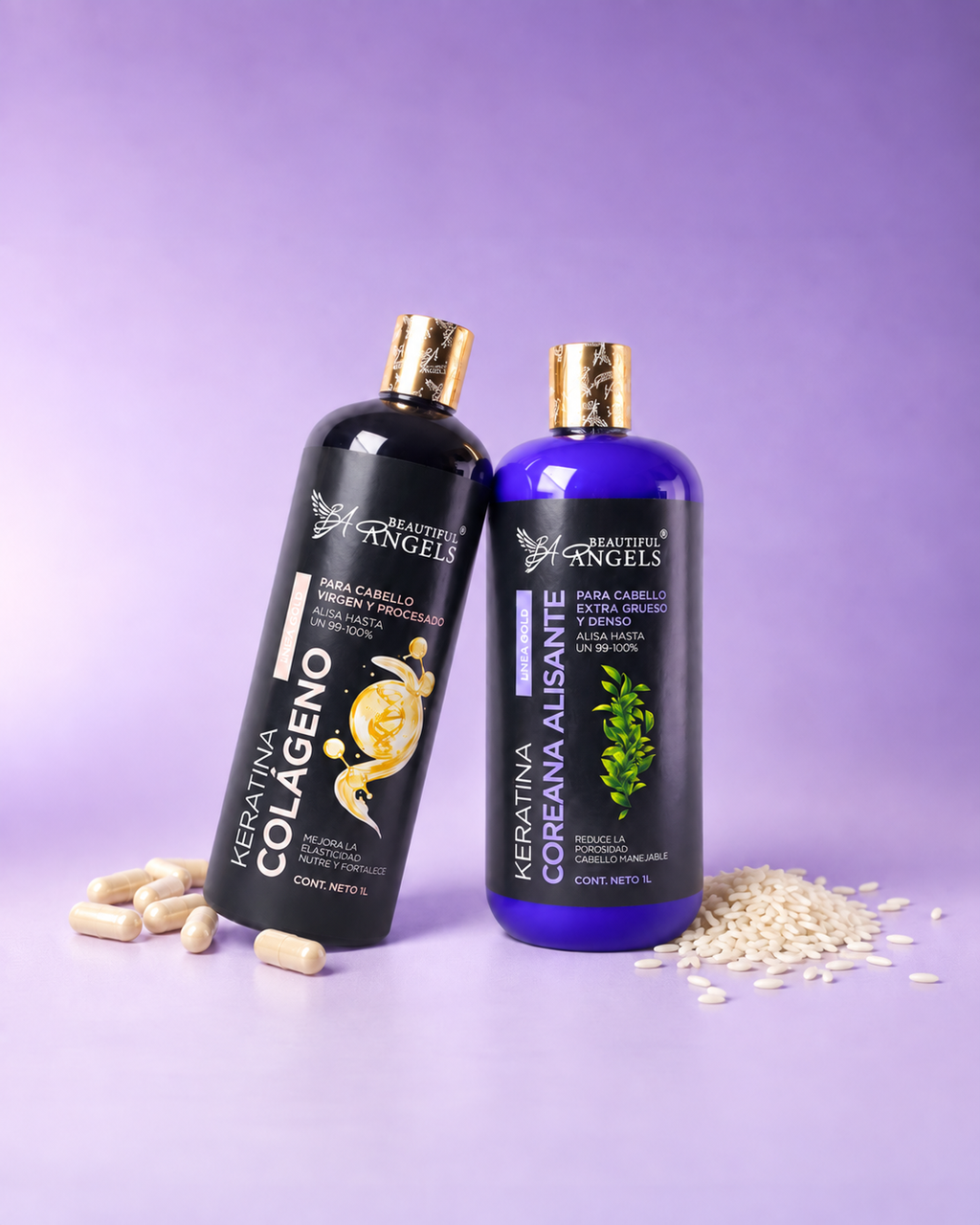 Dúo Beautiful Angels Línea Gold — Keratina Colágeno Nutritiva y Fortalecedora + Keratina Coreana Alisante Hidratante y Antioxidante: Liso Perfecto, Cero Encrespamiento, Brillo Duradero y Protección Total