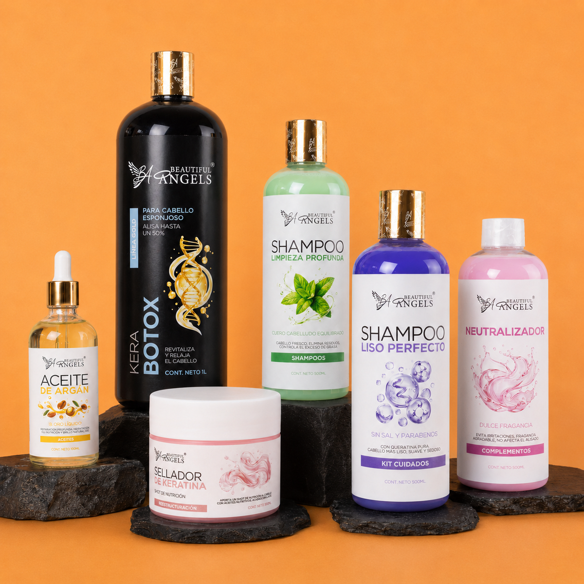 Kit KeraBotox Gold 1L + Shampoo Limpieza Profunda 500ML + Shampoo Liso Perfecto 500ML + Neutralizador 500ML + Sellador de Keratina 250ML + Aceite de Argán 100ML