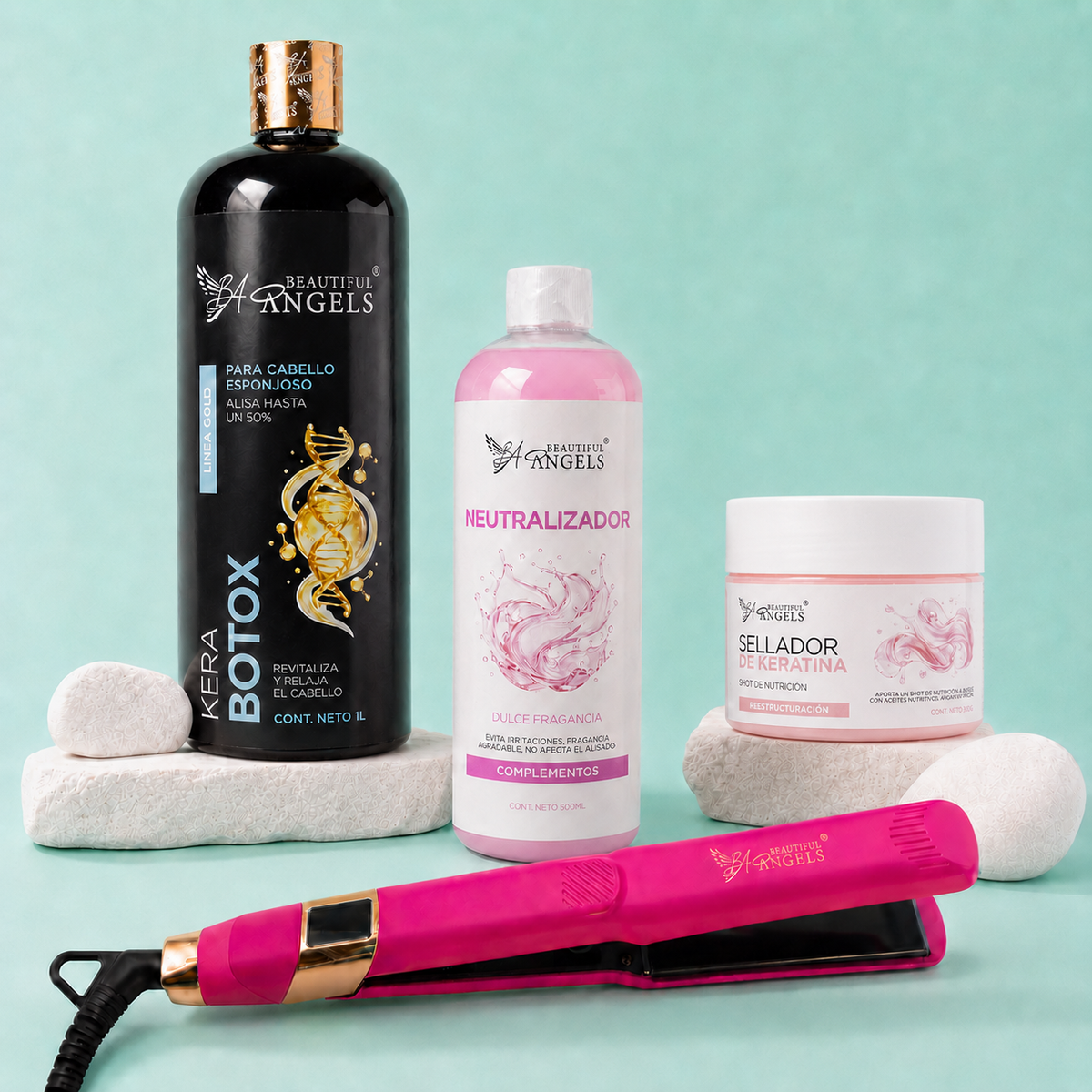 Kit Kerabotox Gold 1L+ Neutralizador 500ML + Sellador de Keratina 250ML + Plancha Profesional Beautiful Angels