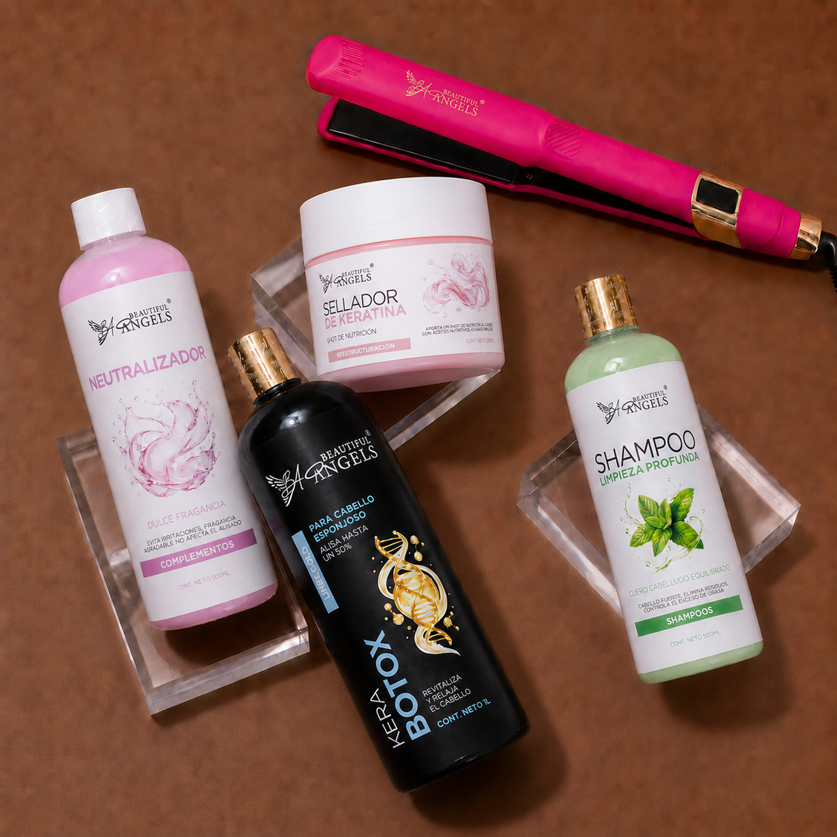Kit KeraBotox Gold 1L + Shampoo Limpieza Profunda 500ML + Neutralizador 500ML + Sellador de Keratina 250ML + Plancha Profesional Beautiful Angels