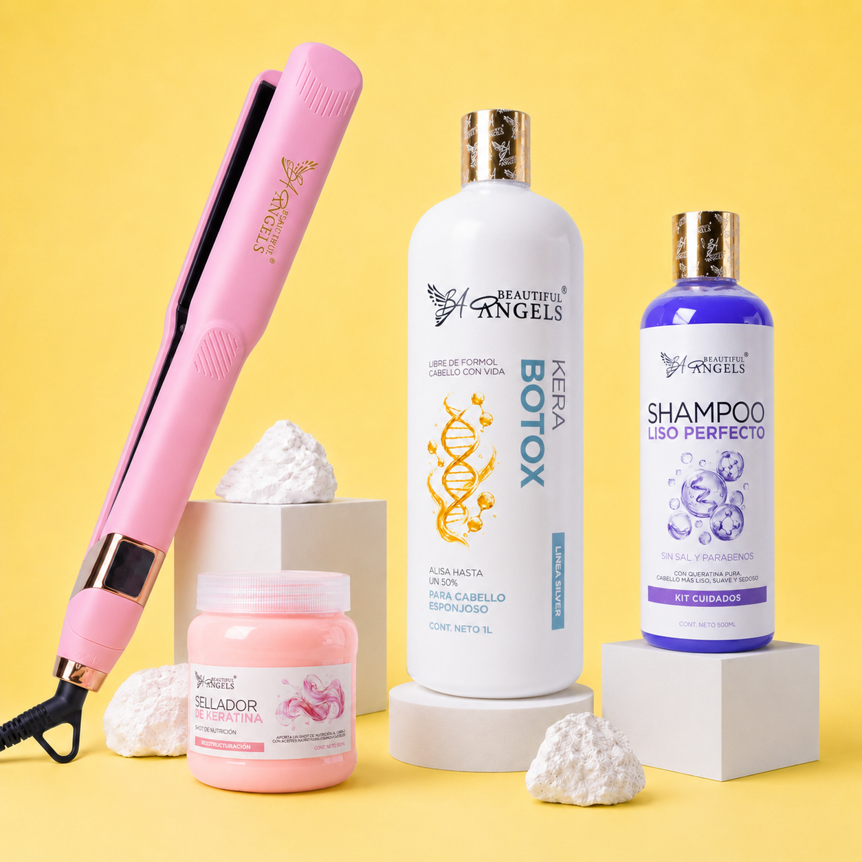 Kit KeraBotox Silver 1L + Shampoo Liso Perfecto 500ml + Sellador de Keratina 250ml + Plancha Beautiful Angels