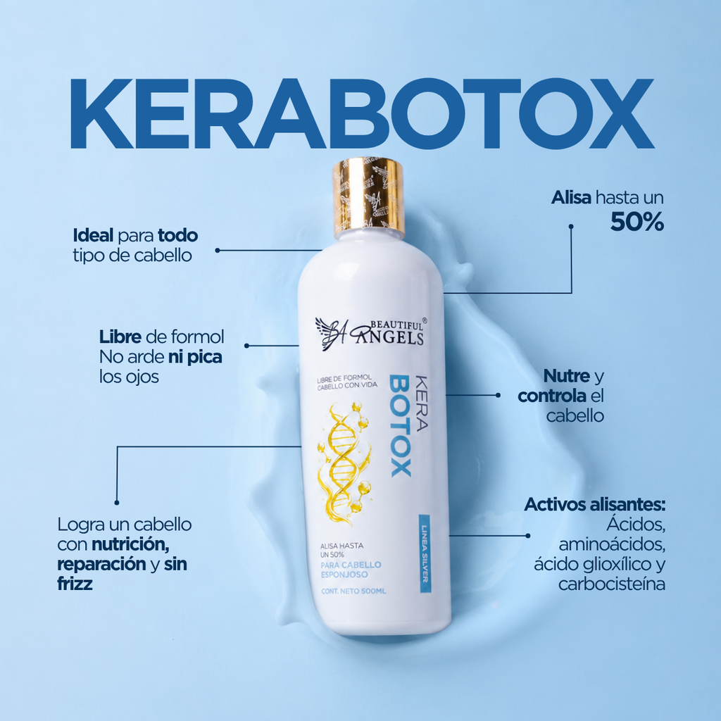 Kit Básico KeraBotox Silver 500 ml – Beautiful Angels – Cabello más Suave, Hidratado y Manejable, Apto para Todo Tipo de Cabello con Lavado Inmediato