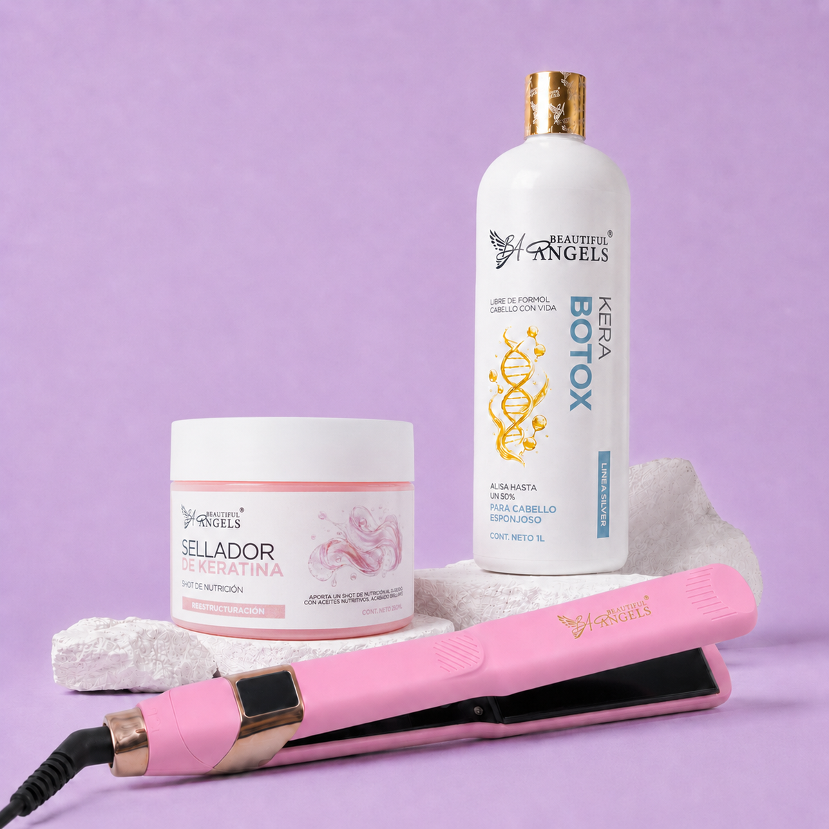 Kit KeraBotox Silver 1L + Sellador de Keratina 250ml + Plancha Beautiful Angels