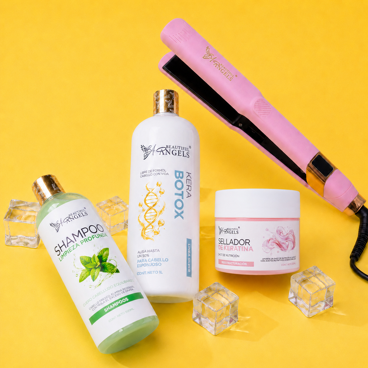 Kit Kerabotox Silver 1L + Shampoo Limpieza Profunda 500ml + Sellador de Keratina 250ml + Plancha Beautiful Angels Profesional