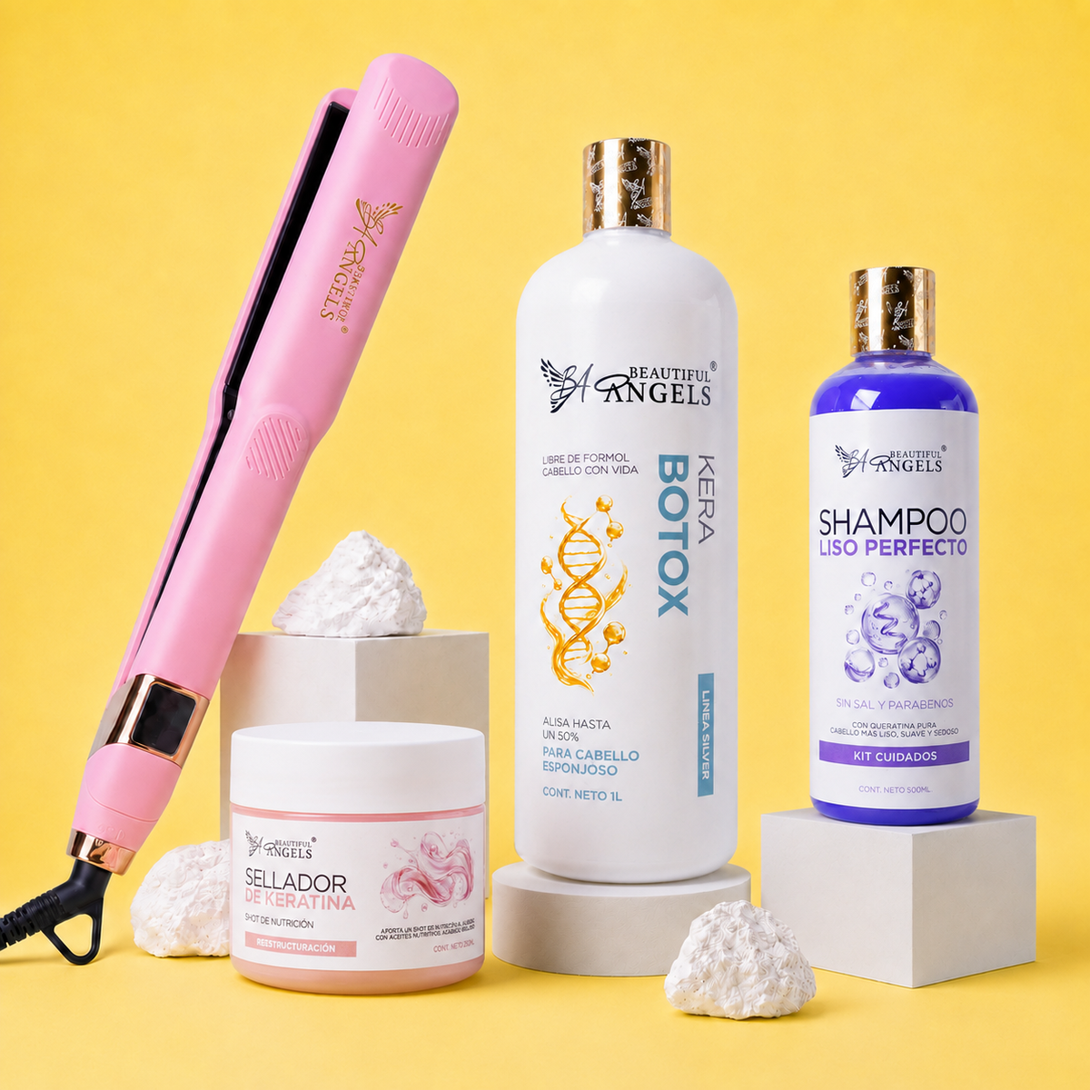 Kit KeraBotox Silver 1L + Shampoo Liso Perfecto 500ml + Sellador de Keratina 250ml + Plancha Beautiful Angels
