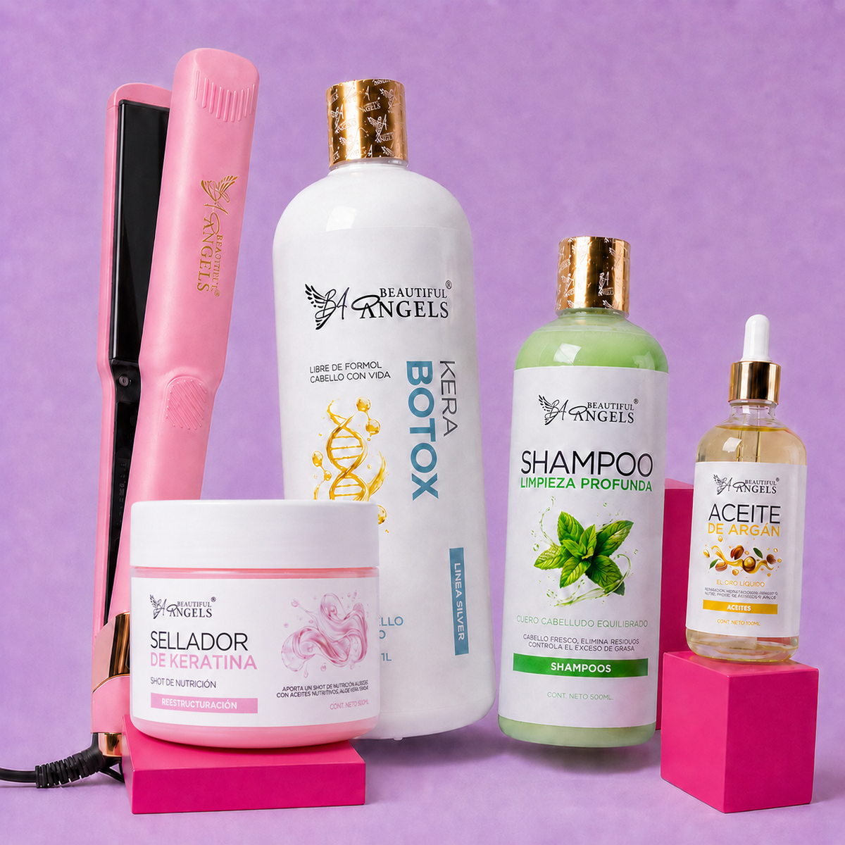 Kit KeraBotox Silver 1L + Shampoo Limpieza Profunda 500ml + Sellador de Keratina 250ml + Aceite de Argán 100ml + Plancha Beautiful Angels