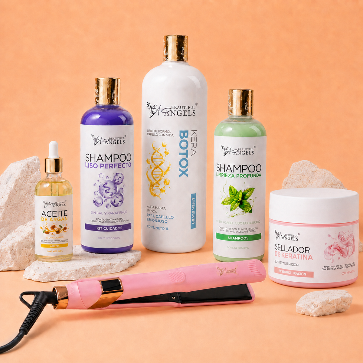 Kit KeraBotox Silver 1L + Shampoo Limpieza Profunda 500ml + Shampoo Liso Perfecto 500ml + Sellador de Keratina 250ml + Aceite de Argán 100ml + Plancha Beautiful Angels