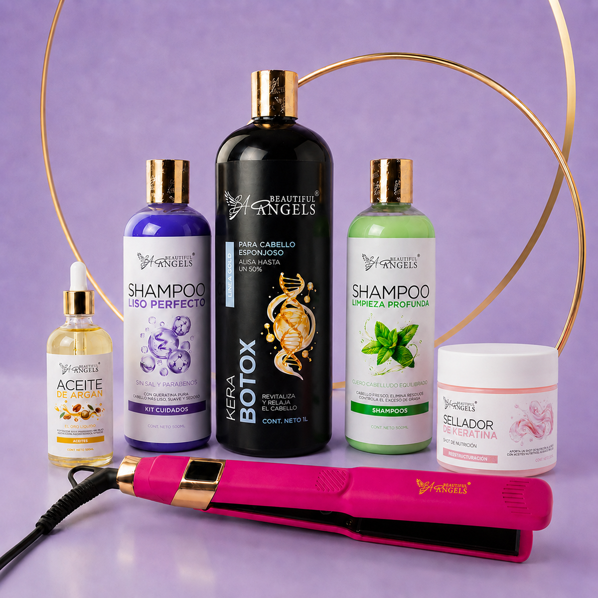 Kit KeraBotox Gold 1L + Shampoo Limpieza 500ml + Shampoo Liso 500ml + Sellador de Keratina 250ml + Aceite de Argán 100ml + Plancha Beautiful Angels