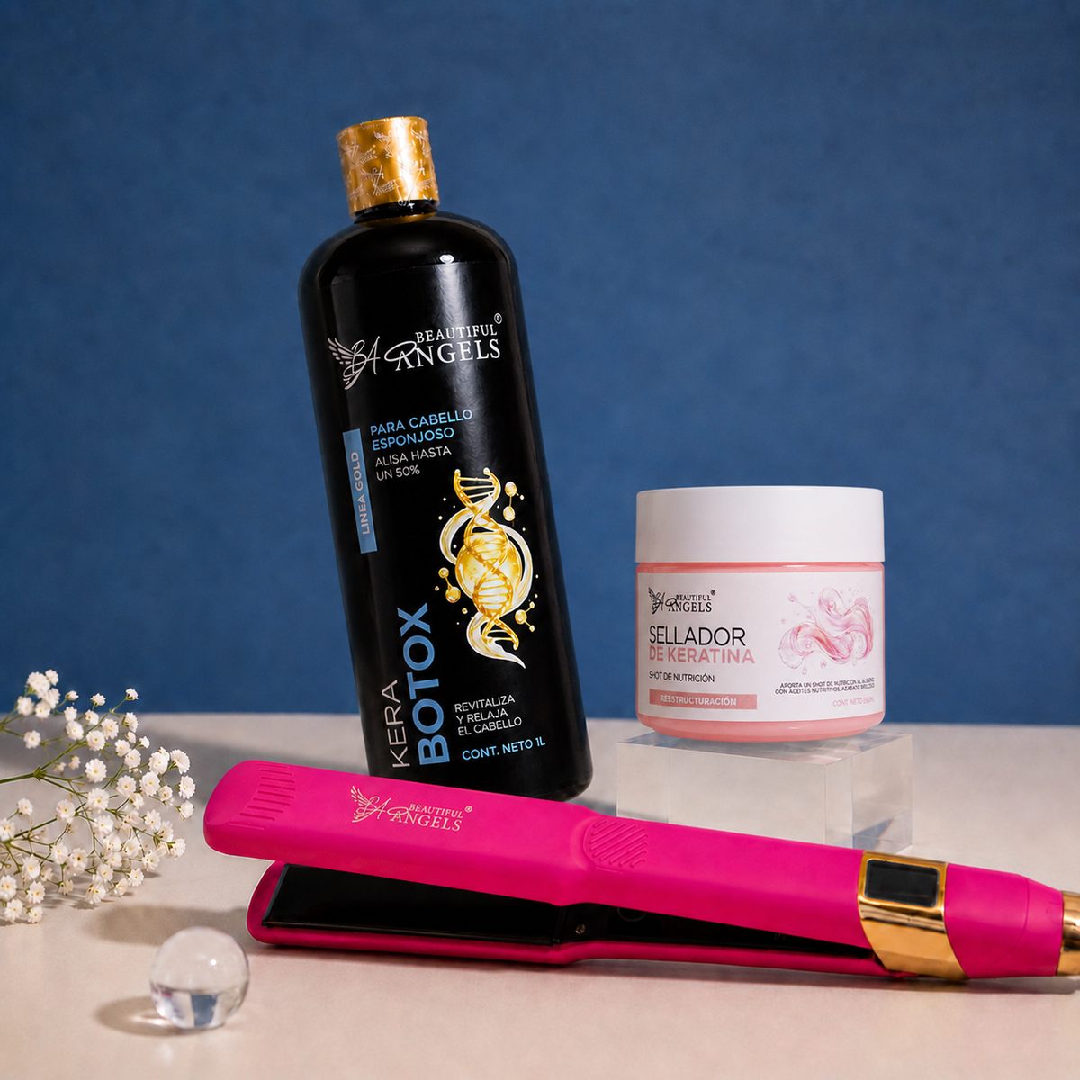 Kit KeraBotox Gold 1L + Sellador de Keratina 250ml + Plancha Beautiful Angels