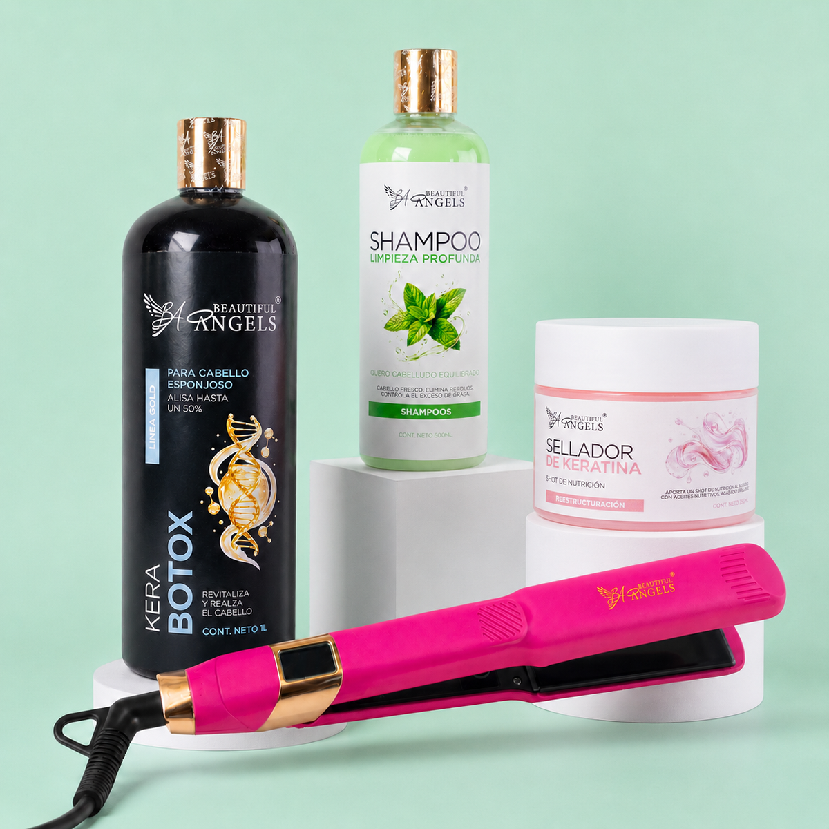 Kit KeraBotox Gold 1L + Shampoo Limpieza 500ml + Sellador de Keratina 250ml + Plancha Beautiful Angels