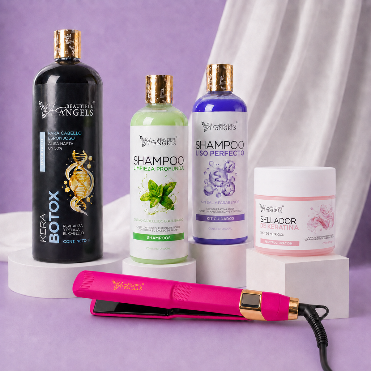 Kit KeraBotox Gold 1L + Shampoo Limpieza Profunda 500ml + Shampoo Liso Perfecto 500ml + Sellador de Keratina 250ml + Plancha Beautiful Angels