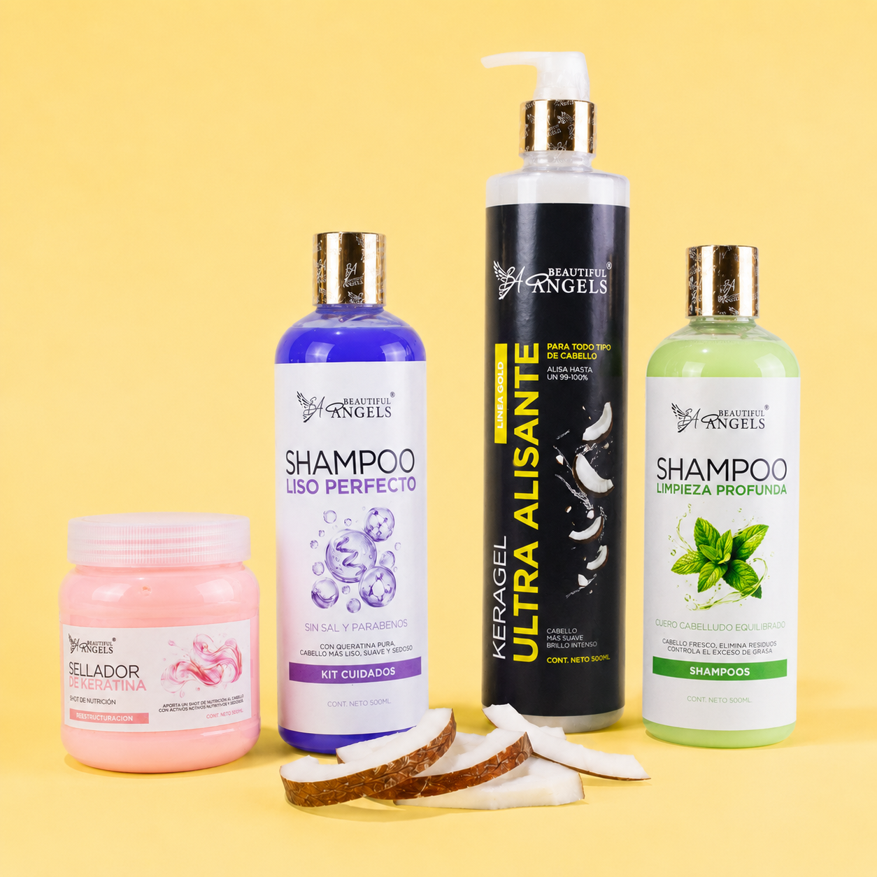 Kit Keragel Ultra Alisante Gold 500ML + Shampoo Limpieza Profunda 500ML+ Sellador de Keratina 250ML + Shampoo Liso Perfecto 500ML