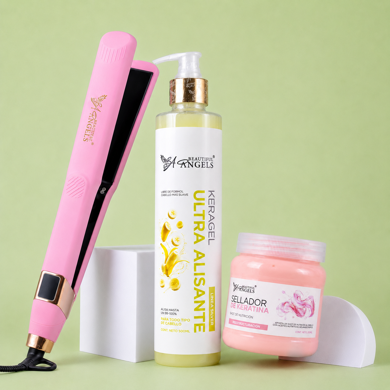 Kit Keragel Ultra Alisante Silver 500ml + Sellador de Keratina 250ml + Plancha Beautiful Angels