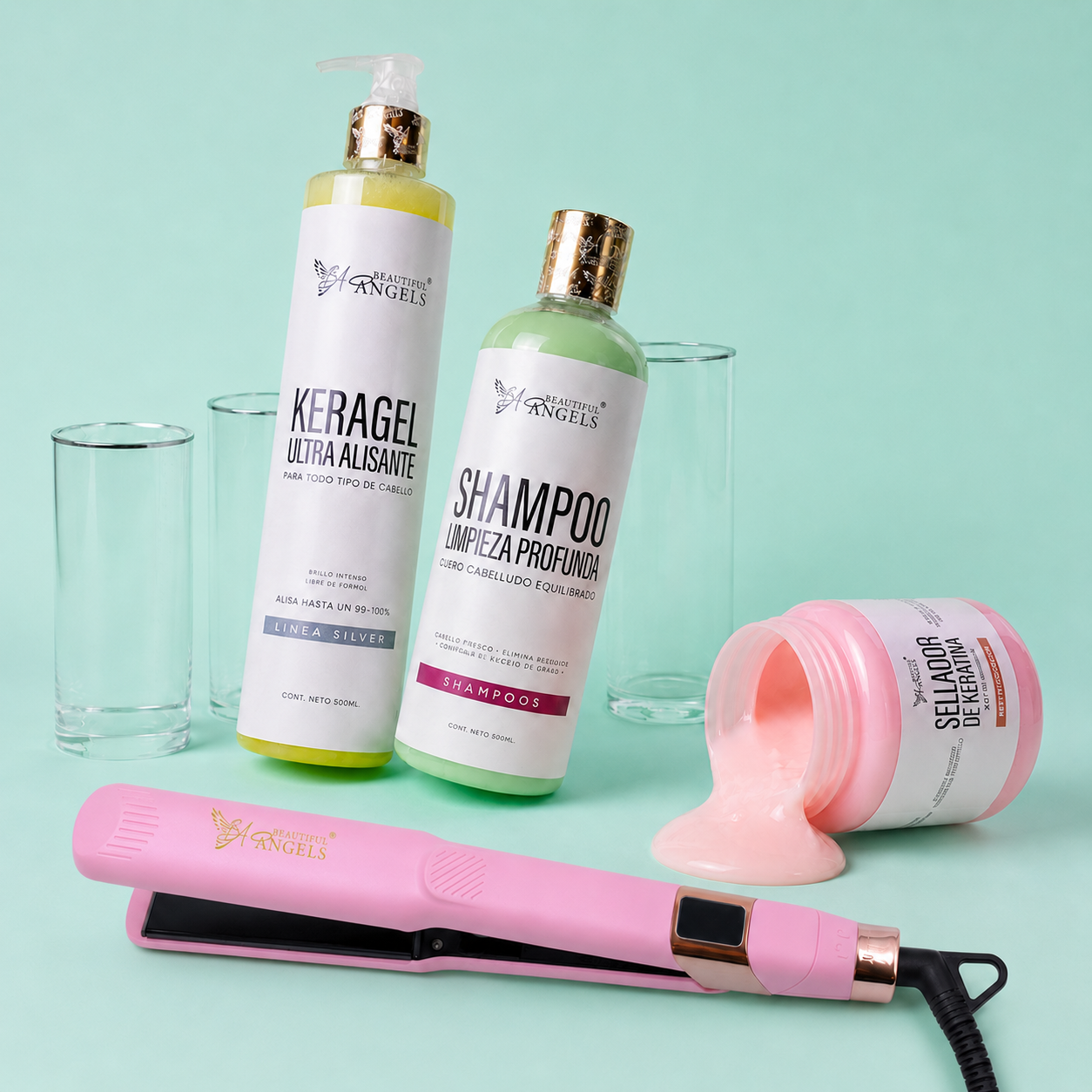 Kit Keragel Silver + Shampoo Limpieza Profunda + Sellador + Plancha Beautiful Angels Profesional