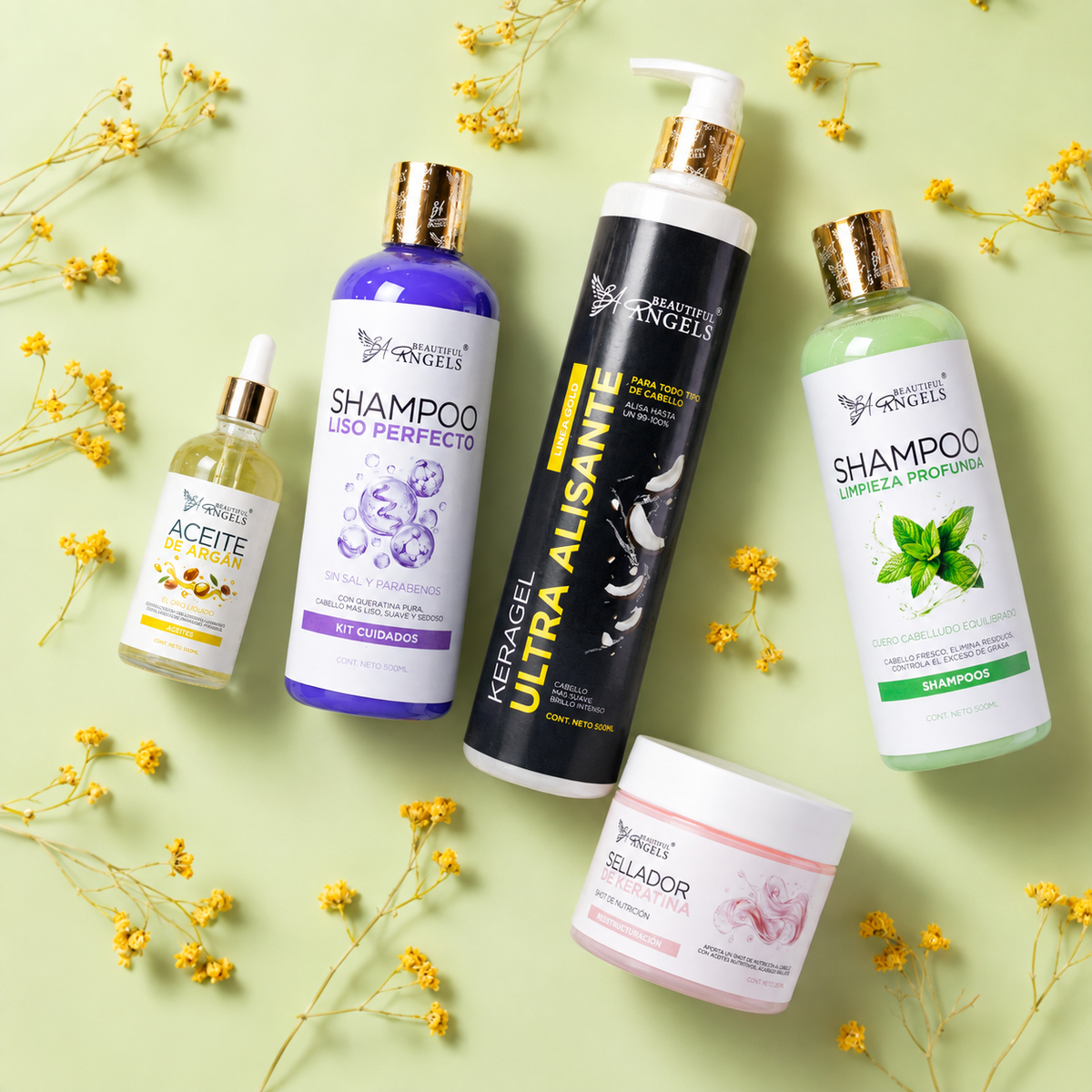 Kit Keragel Ultra Alisante Gold 500ML + Shampoo Limpieza Profunda 500ML + Sellador de Keratina 250ML+ Shampoo Liso Perfecto 500ML + Aceite de Argán 100ML