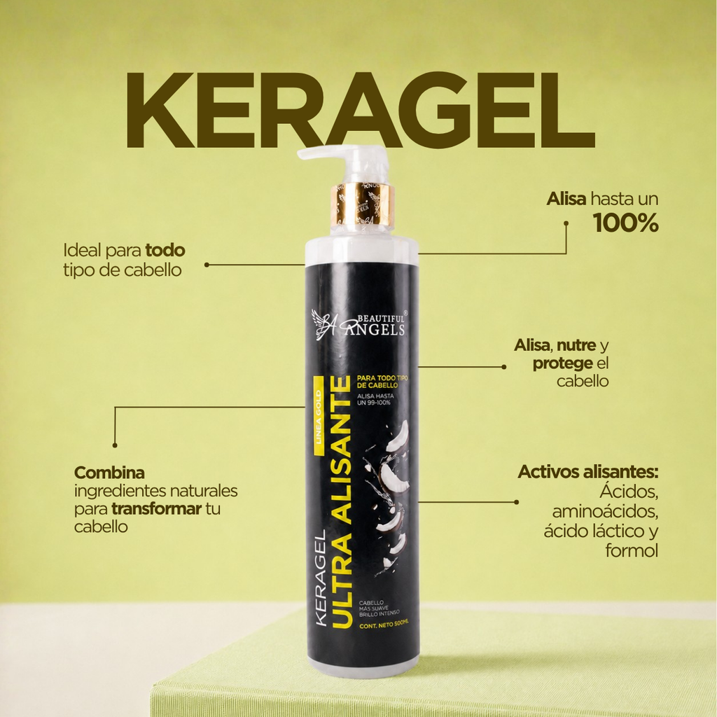 Kit Básico Keragel Alisado Líquido Gold Beautiful Angels 500ml — Liso Perfecto y Brillo Natural para Todo Tipo de Cabello,Larga Duración, Cabello Fuerte y Brillante