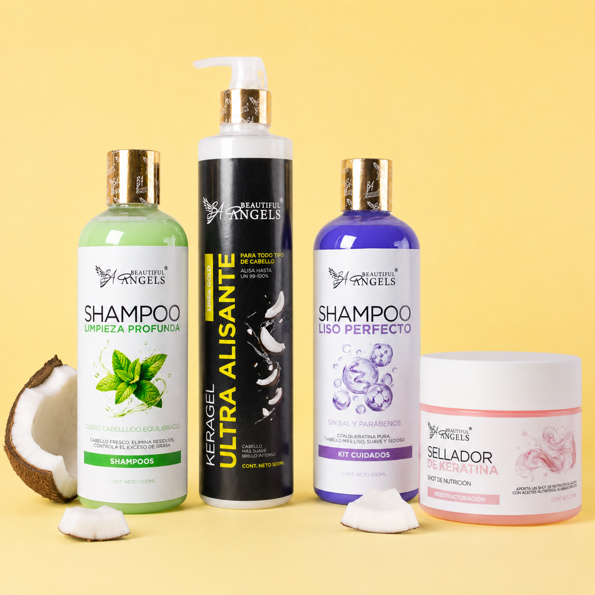 Kit Keragel Ultra Alisante Gold 500ML + Shampoo Limpieza Profunda 500ML+ Sellador de Keratina 250ML + Shampoo Liso Perfecto 500ML