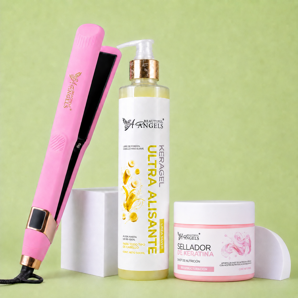 Kit Keragel Ultra Alisante Silver 500ml + Sellador de Keratina 250ml + Plancha Beautiful Angels