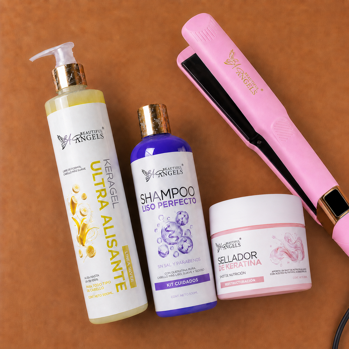 Kit Keragel Ultra Alisante Silver 500ml + Shampoo Liso Perfecto 500ml + Sellador de Keratina 250ml + Plancha Beautiful Angels