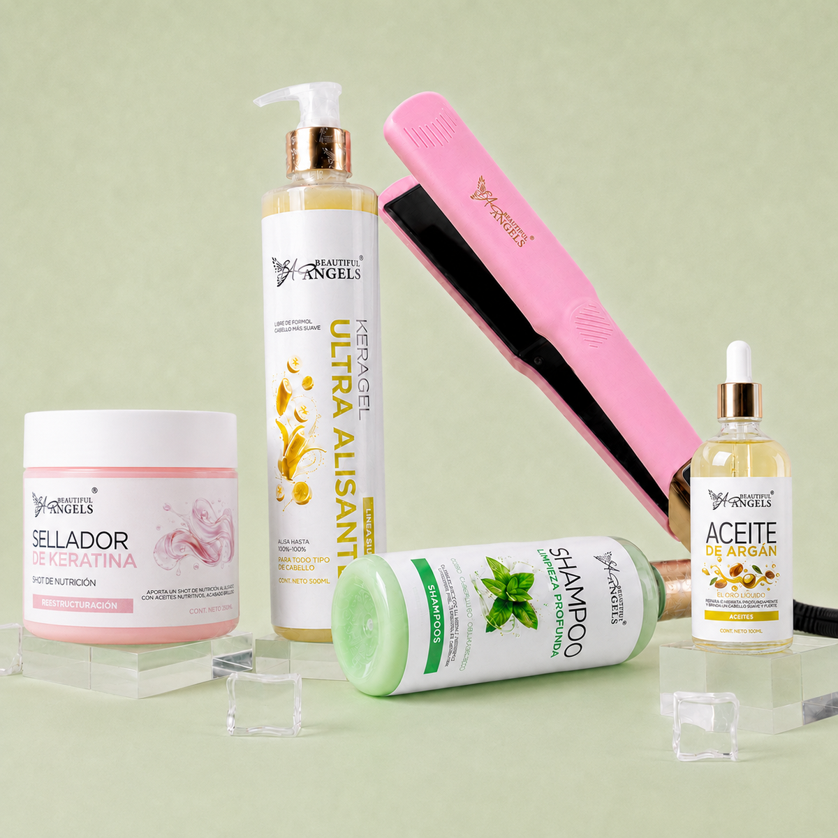 Kit Keragel Ultra Alisante Silver 500ml + Shampoo Limpieza Profunda 500ml + Sellador de Keratina 250ml + Aceite de Argán 100ml + Plancha Beautiful Angels