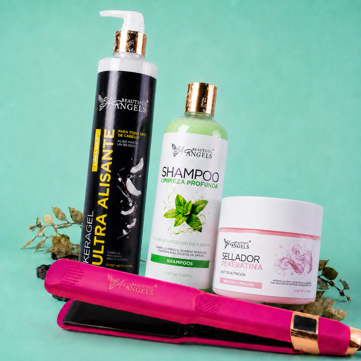 Kit Keragel Ultra Alisante Gold 500ml + Shampoo Limpieza 500ml + Sellador de Keratina 250ml + Plancha Beautiful Angels