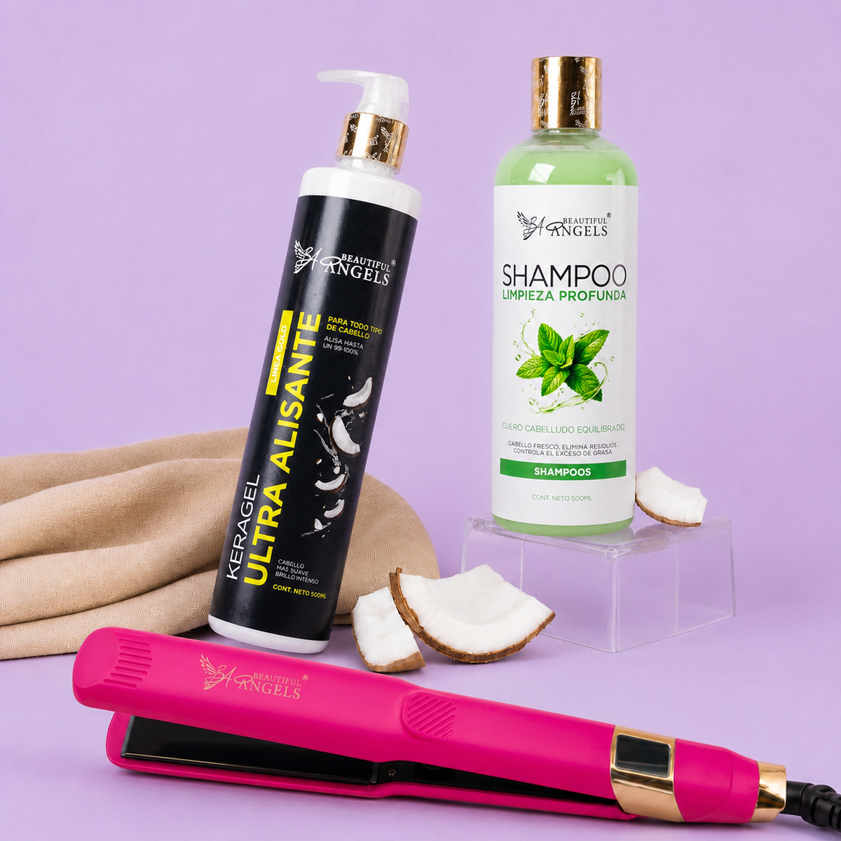 Kit Keragel Ultra Alisante Gold 500 ML + Shampoo Limpieza Profunda 500 ML + Plancha Beautiful Angels