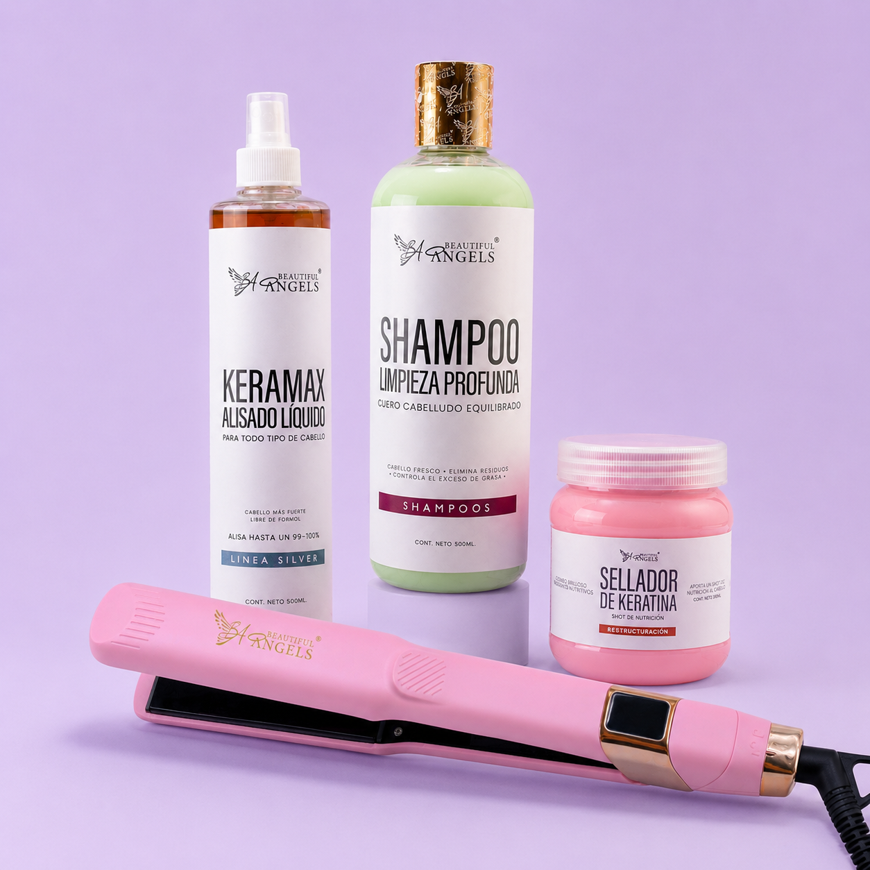 Kit Keramax Silver + Shampoo Limpieza Profunda + Sellador + Plancha Beautiful Angels Profesional