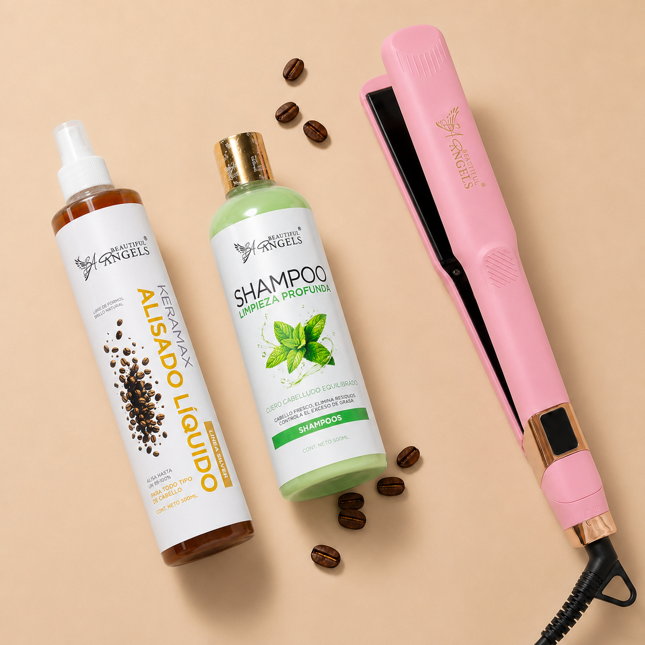 Kit Keramax Alisado Líquido Silver 500ml + Shampoo Limpieza Profunda 500ml + Plancha Beautiful Angels