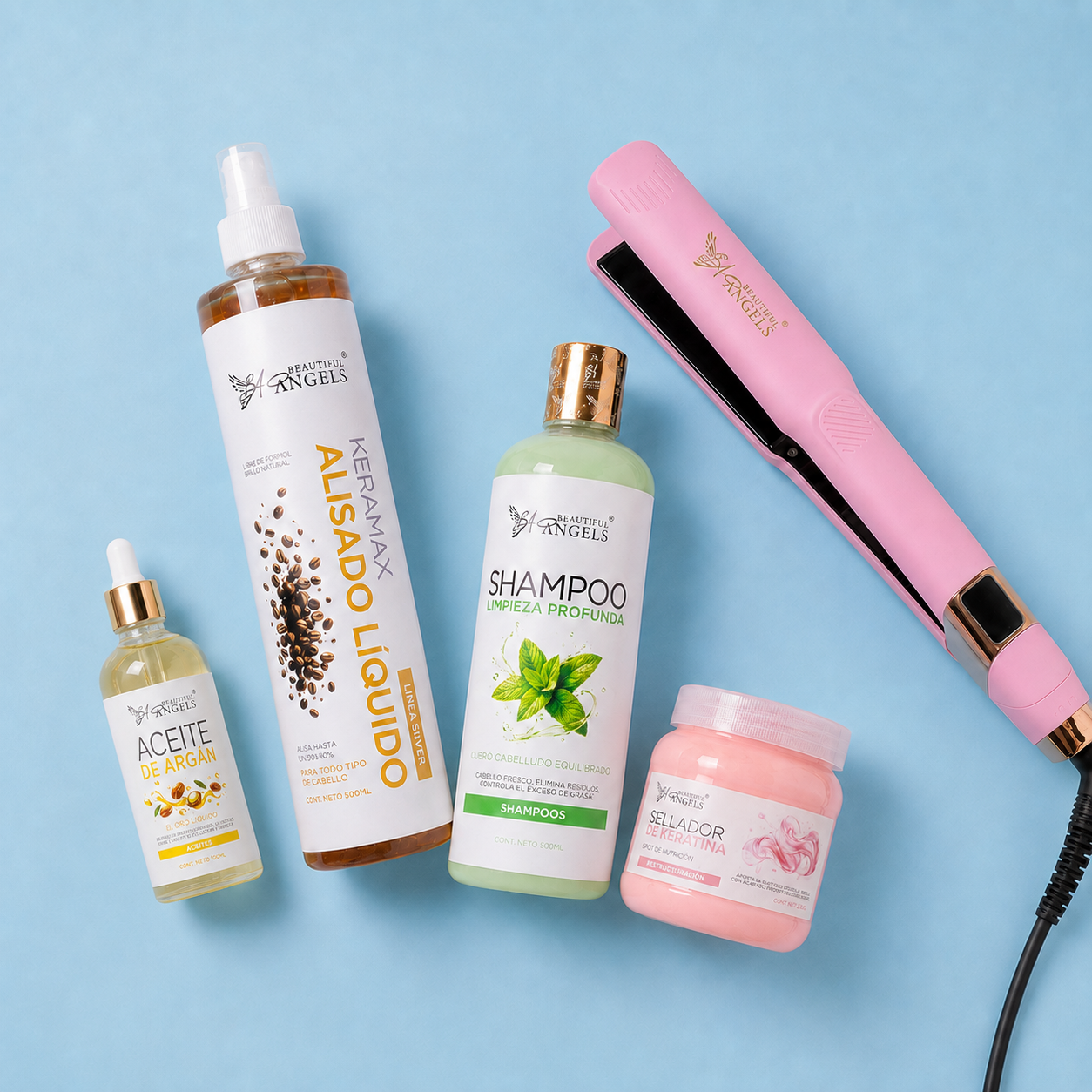 Kit Keramax Alisado Líquido Silver 500ml + Shampoo Limpieza Profunda 500ml + Sellador de Keratina 250ml + Aceite de Argán 100ml + Plancha Beautiful Angels