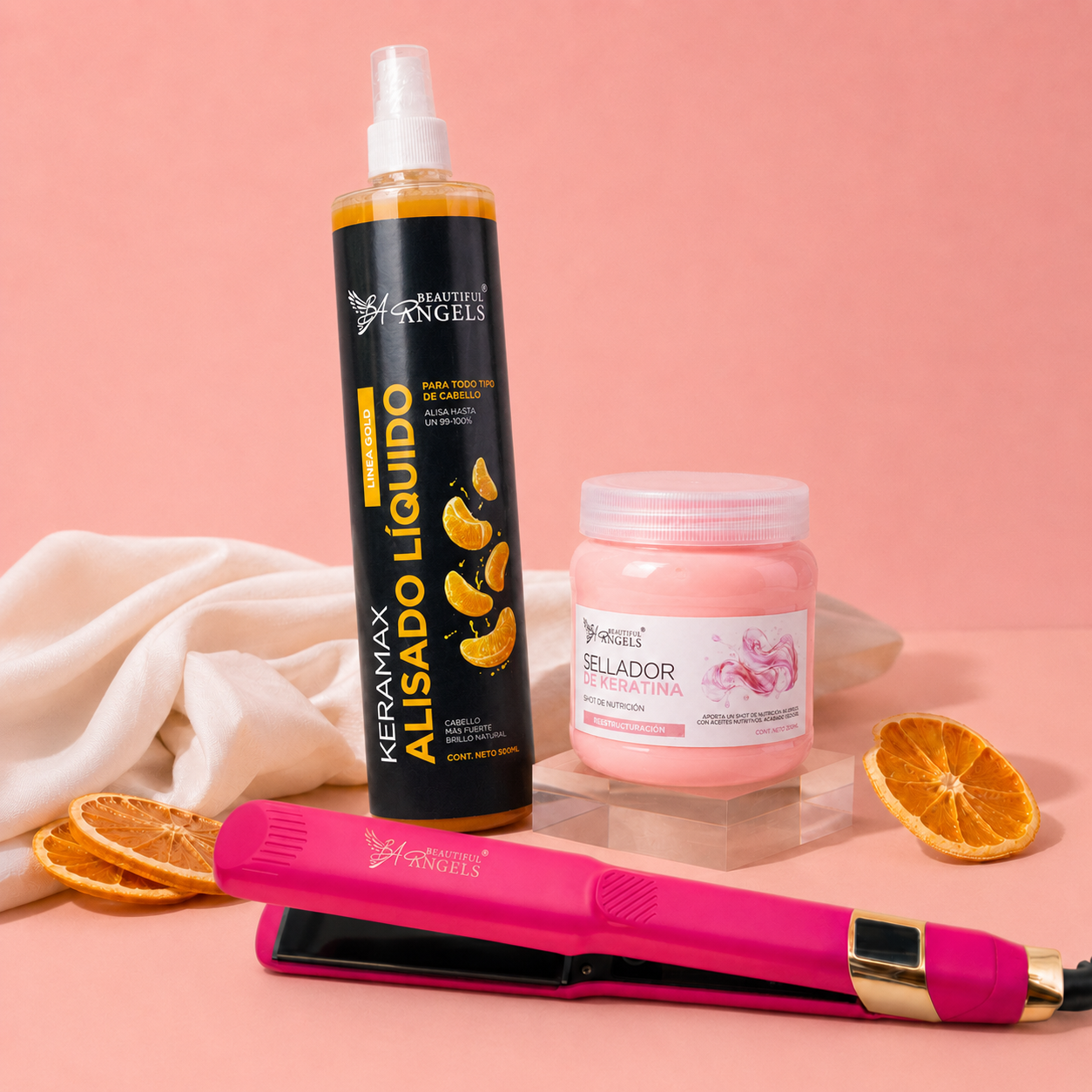 Kit Keramax Alisado Líquido Gold 500ml + Sellador de Keratina 250ml + Plancha Beautiful Angels