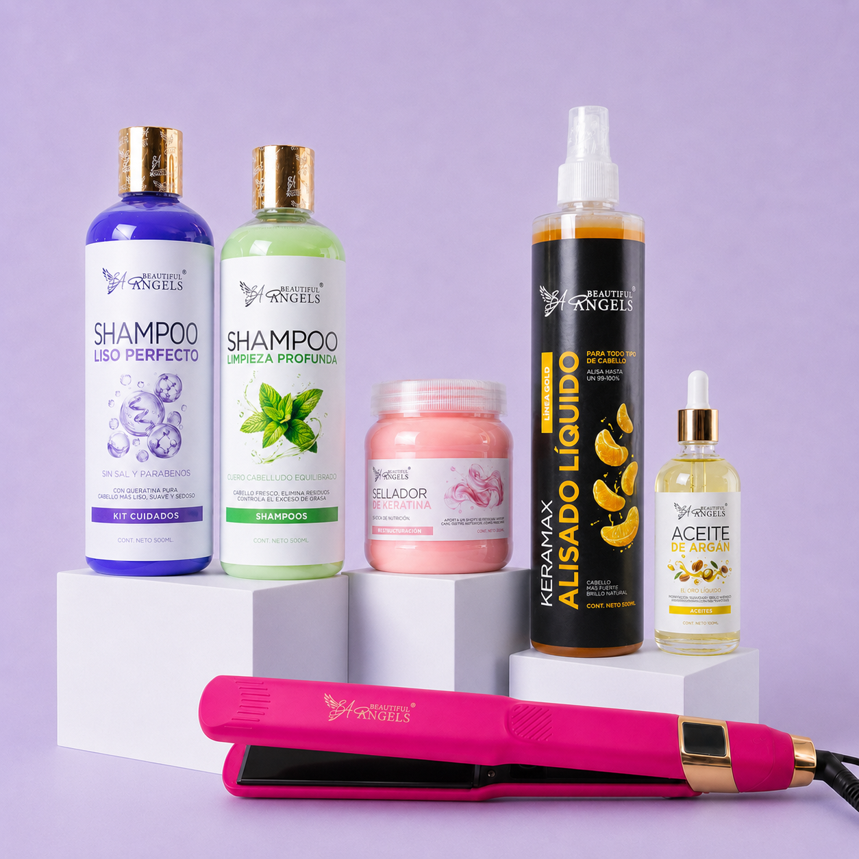 Kit Keramax Alisado Líquido Gold 500ml + Shampoo Limpieza 500ml + Shampoo Liso 500ml + Sellador de Keratina 250ml + Aceite de Argán 100ml + Plancha Beautiful Angels