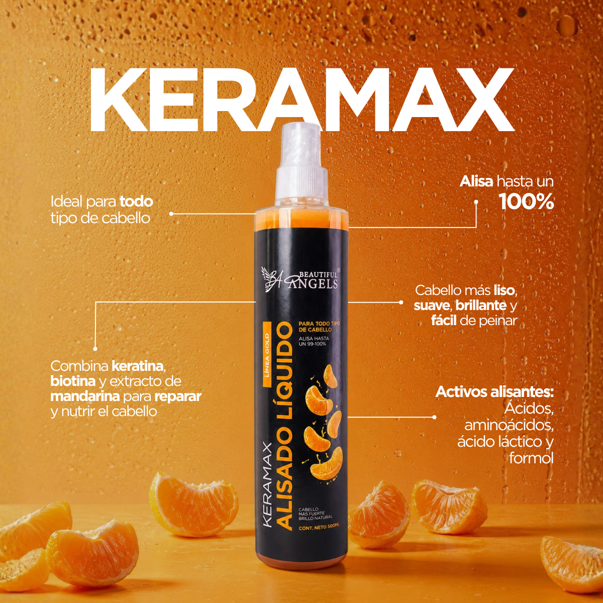 Kit Básico Keramax Alisado Líquido Gold Beautiful Angels 500ml — Keratina con Biotina y Mandarina, Reduce Frizz y Volumen, Repara y Nutre