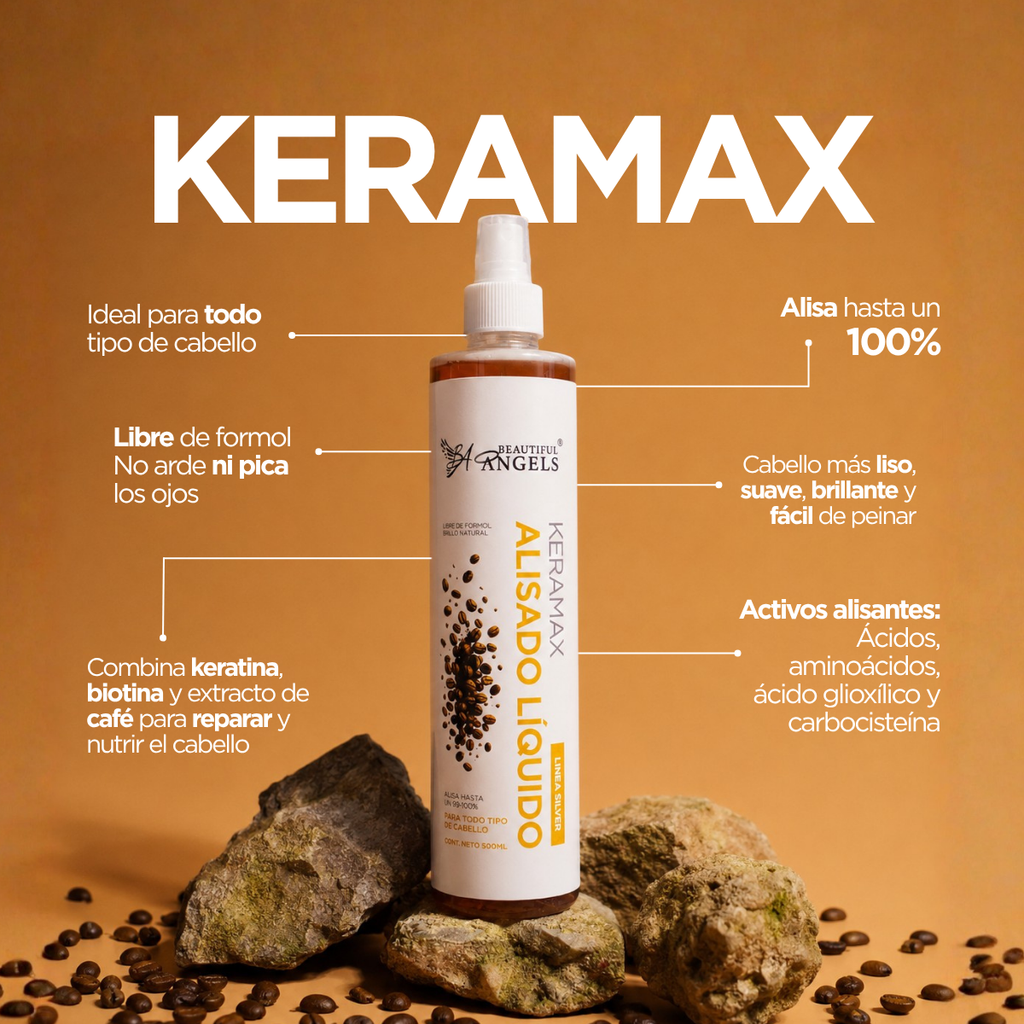 Keramax Alisado Líquido Silver 500ML — Beautiful Angels Ideal para todo tipo de cabello · Con keratina, biotina y extracto de café