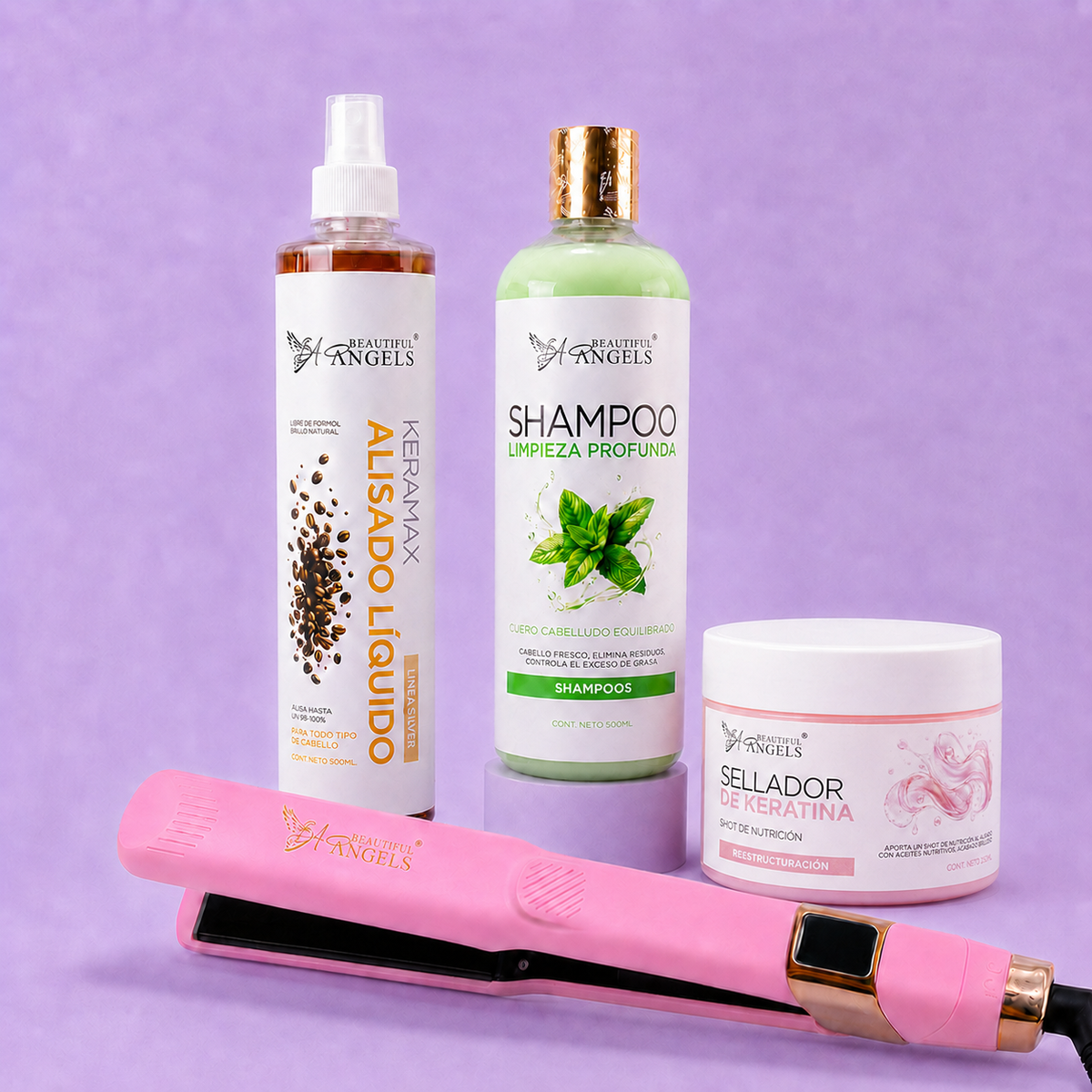 Kit Keramax Silver + Shampoo Limpieza Profunda + Sellador + Plancha Beautiful Angels Profesional