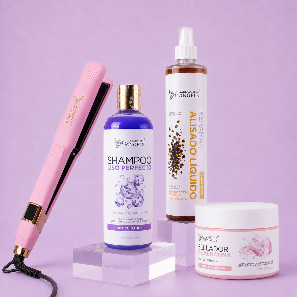 Kit Keramax Alisado Líquido Silver 500ml + Shampoo Liso Perfecto 500ml + Sellador de Keratina 250ml + Plancha Beautiful Angels