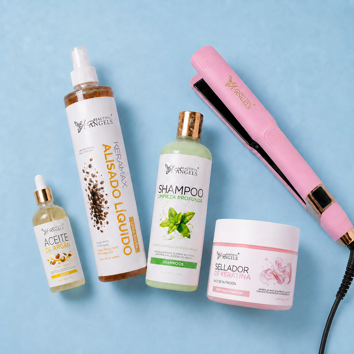 Kit Keramax Alisado Líquido Silver 500ml + Shampoo Limpieza Profunda 500ml + Sellador de Keratina 250ml + Aceite de Argán 100ml + Plancha Beautiful Angels