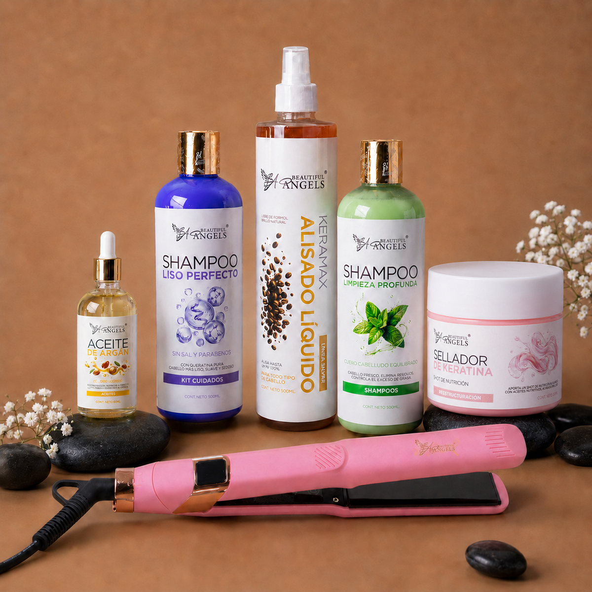 Kit Keramax Alisado Líquido Silver 1L + Shampoo Limpieza Profunda 500ml + Shampoo Liso Perfecto 500ml + Sellador de Keratina 250ml + Aceite de Argán 100ml + Plancha Beautiful Angels