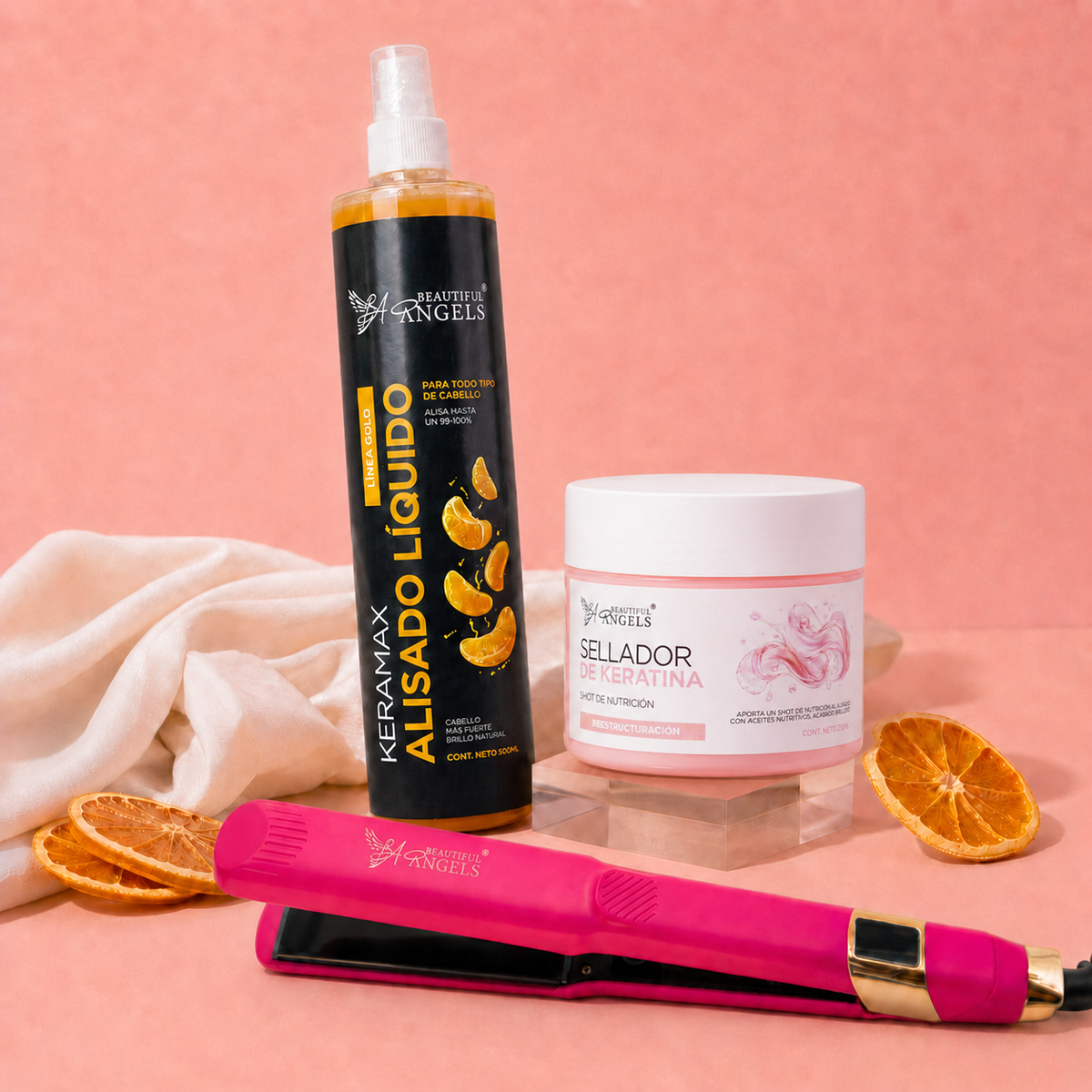 Kit Keramax Alisado Líquido Gold 500ml + Sellador de Keratina 250ml + Plancha Beautiful Angels