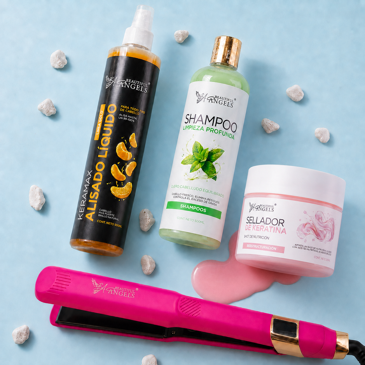 Kit Keramax Alisado Líquido Gold 500ml + Shampoo Limpieza 500ml + Sellador de Keratina 250ml + Plancha Beautiful Angels