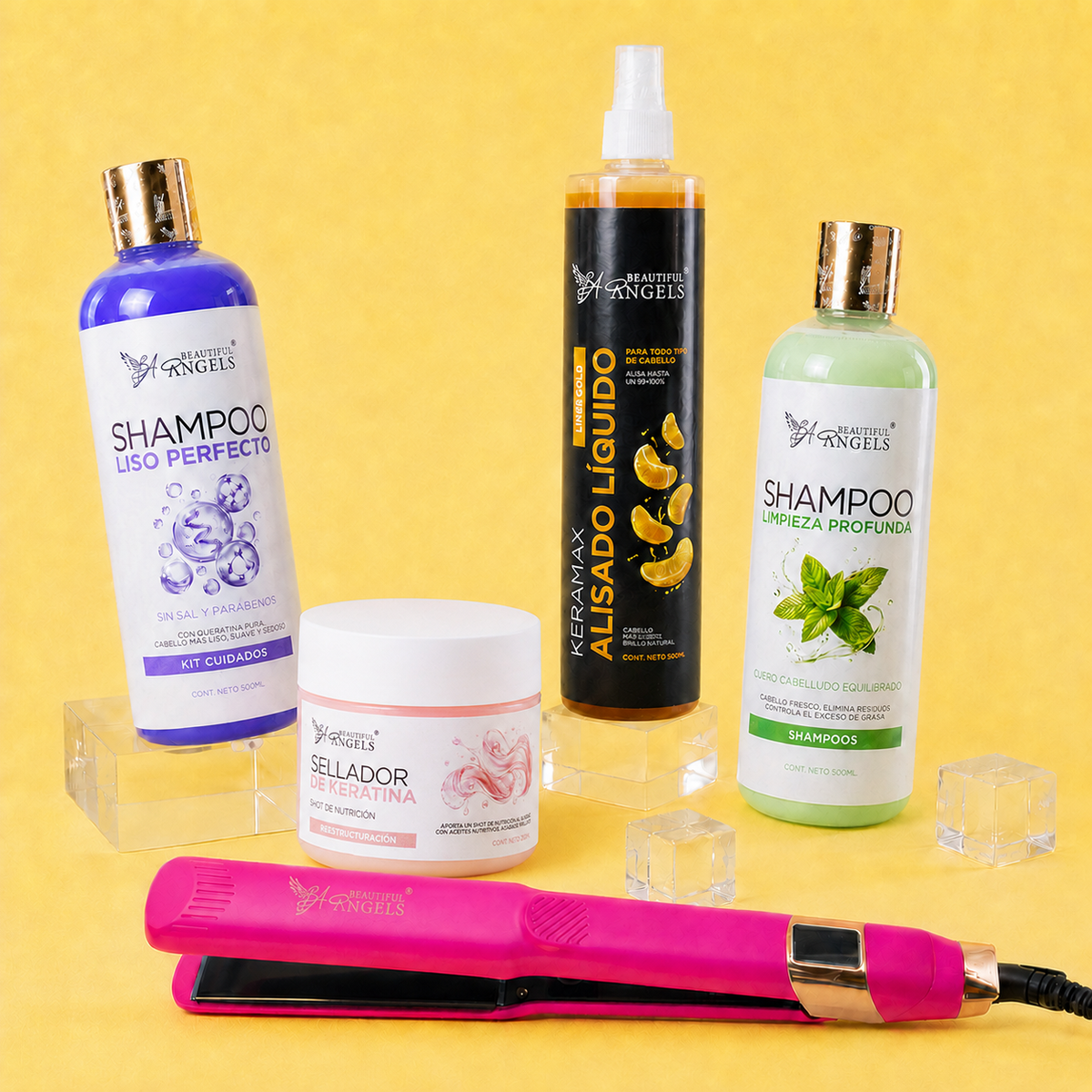 Kit Keramax Alisado Líquido Gold 500ml + Shampoo Limpieza Profunda 500ml + Shampoo Liso Perfecto 500ml + Sellador de Keratina 250ml + Plancha Beautiful Angels