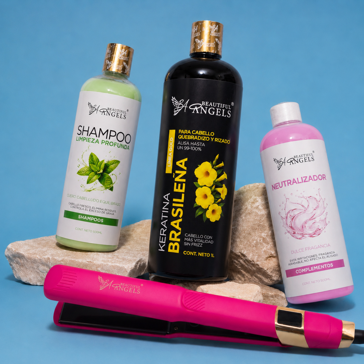 Kit Keratina Brasileña Gold 1L + Shampoo Limpieza Profunda 500ML + Neutralizador 500ML + Plancha Profesional Beautiful Angels