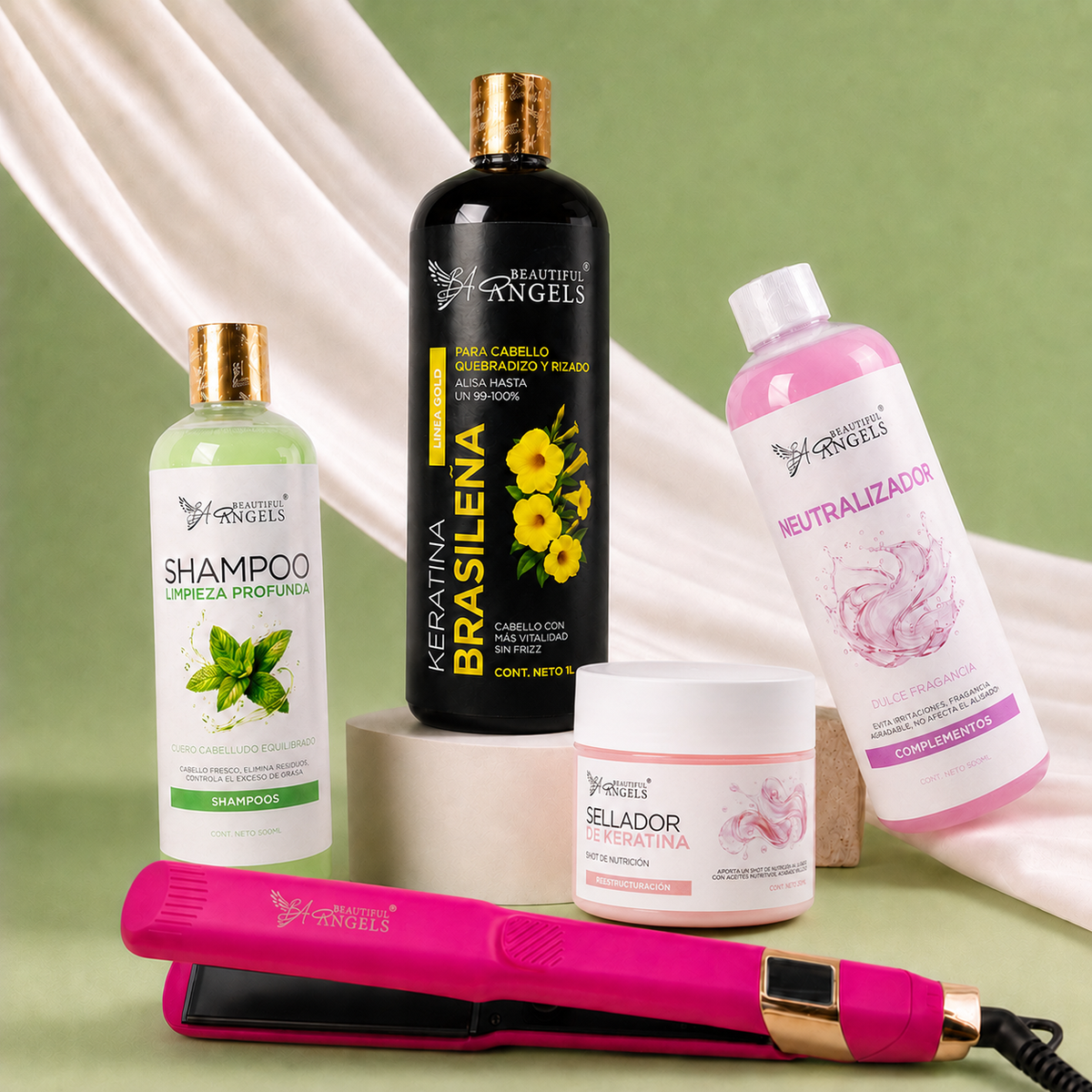 Kit Keratina Brasileña Gold 1L + Shampoo Limpieza Profunda 500ML + Neutralizador 500ML + Sellador de Keratina 250ML + Plancha Profesional Beautiful Angels