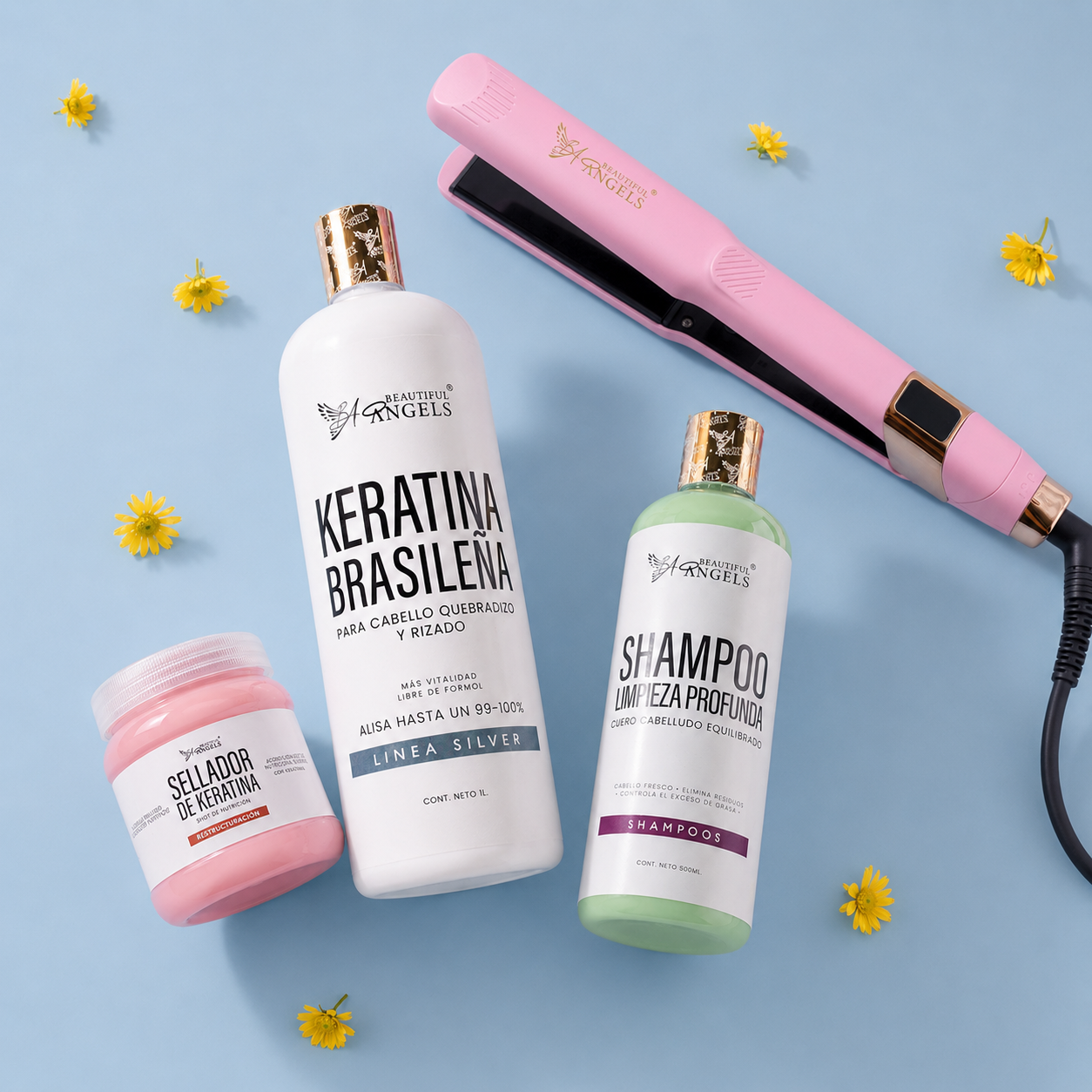 Kit Keratina Brasileña Silver + Shampoo Limpieza Profunda + Sellador + Plancha Beautiful Angels Profesional