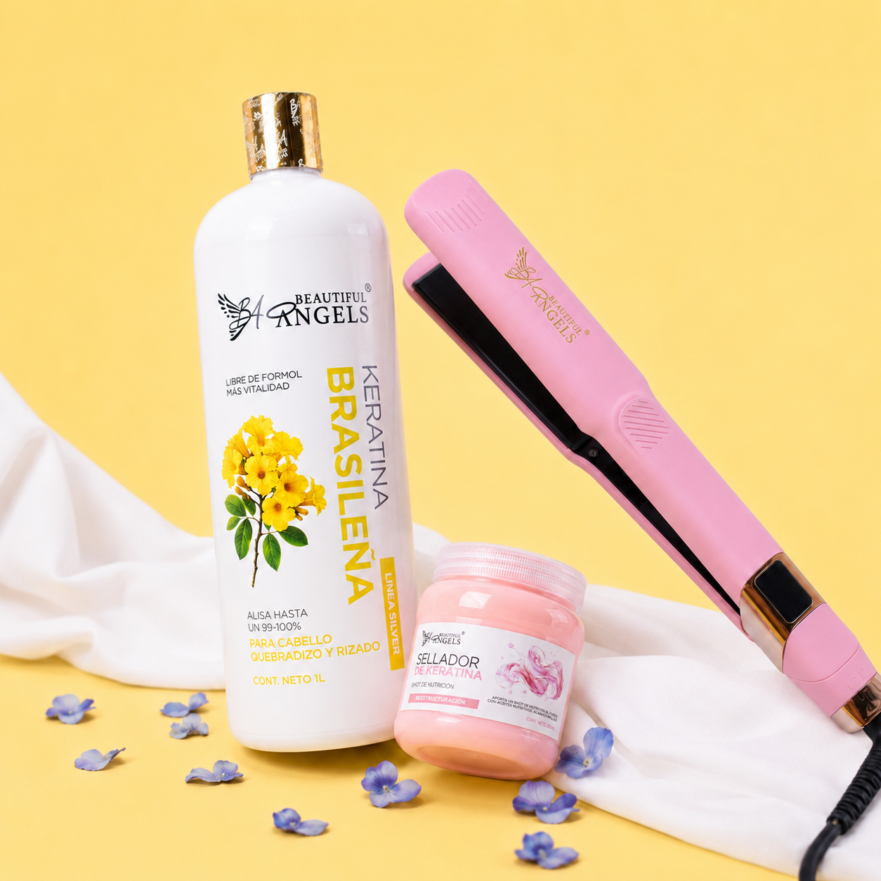 Kit Keratina Brasileña Silver 1L + Sellador de Keratina 250ml + Plancha Beautiful Angels