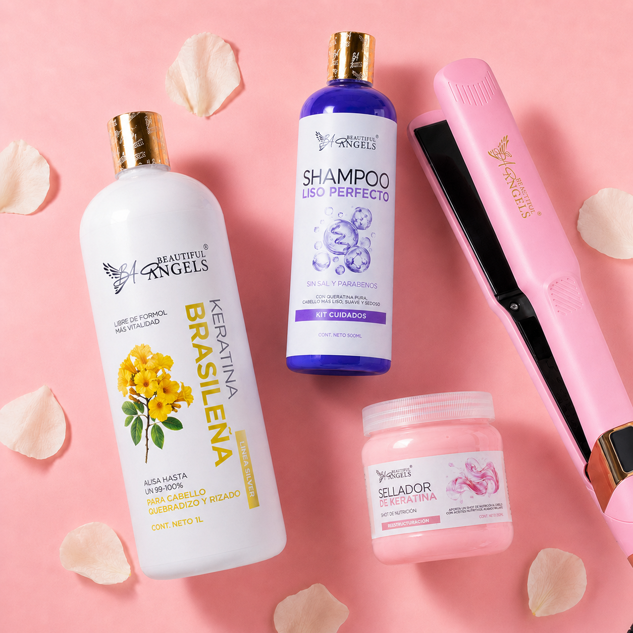 Kit Keratina Brasileña Silver 1L + Shampoo Liso Perfecto 500ml + Sellador de Keratina 250ml + Plancha Beautiful Angels