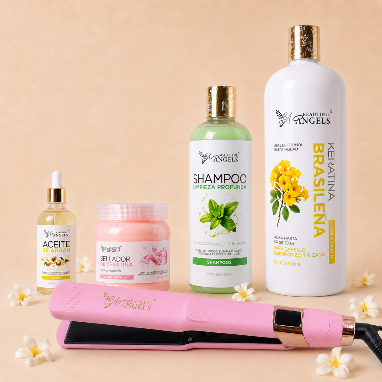 Kit Keratina Brasileña Silver 1L + Shampoo Limpieza Profunda 500ml + Sellador de Keratina 250ml + Aceite de Argán 100ml + Plancha Beautiful Angels